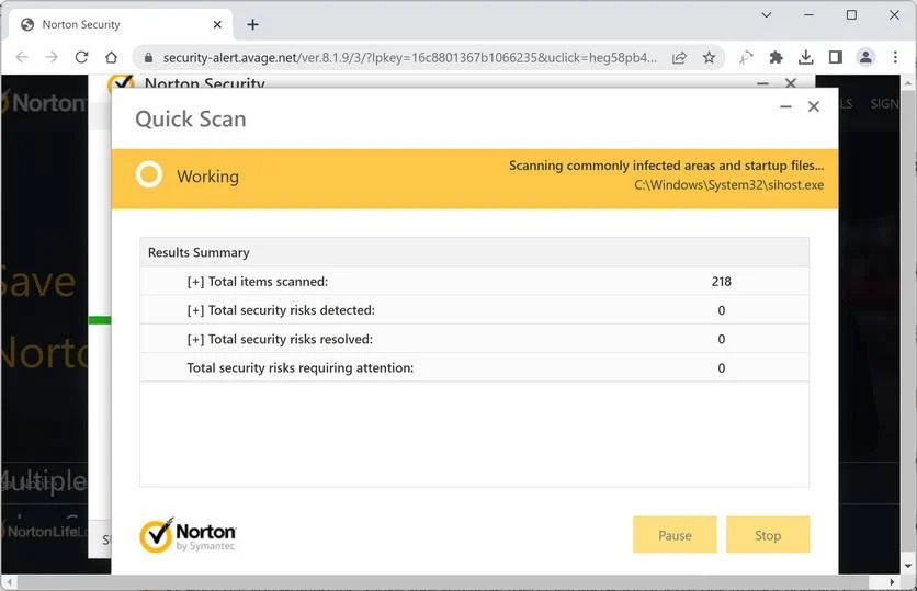 Screenshot of Security-alert.avage.net Fake Antivirus Scan
