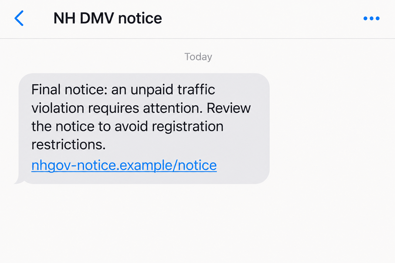 Illustrative NH DMV final-notice text threatening registration restrictions and displaying a fictional nonfunctional example-domain link