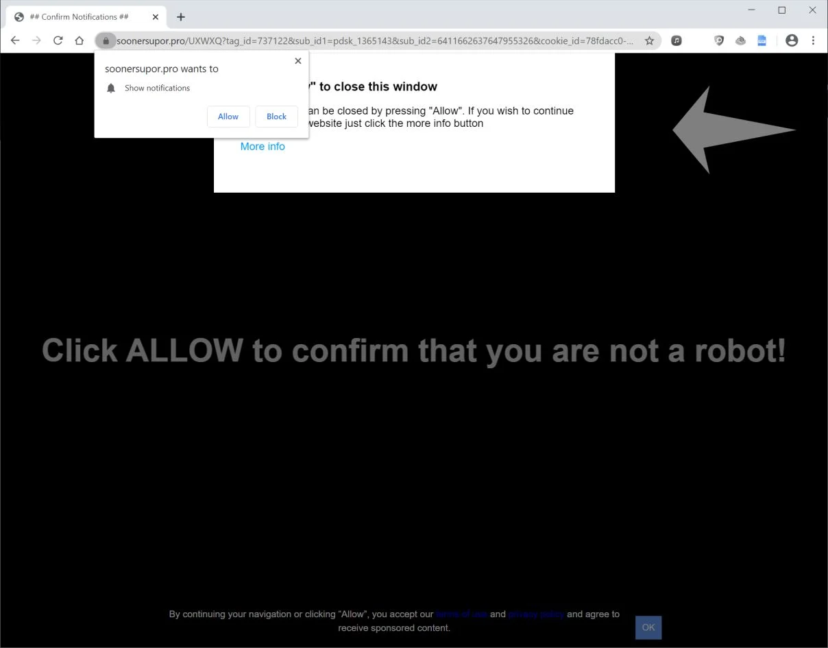 Image: Chrome browser is redirected to Soonersupor.pro