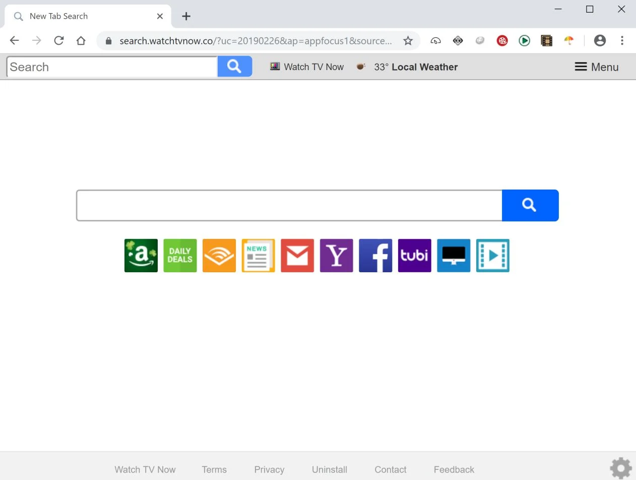 Image: Chrome browser is redirected to the search.watchtvnow.co site