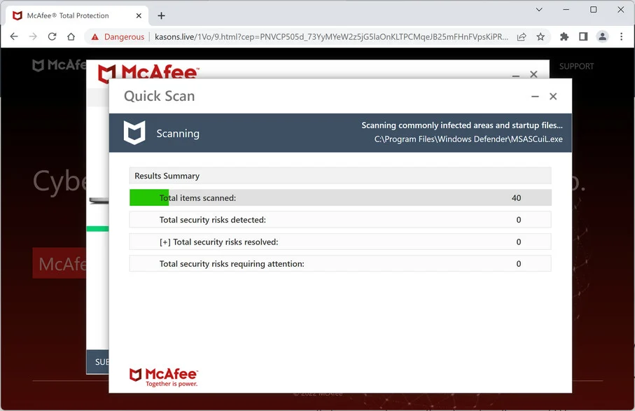 Image: Kasons.live Fake McAfee Virus Alert