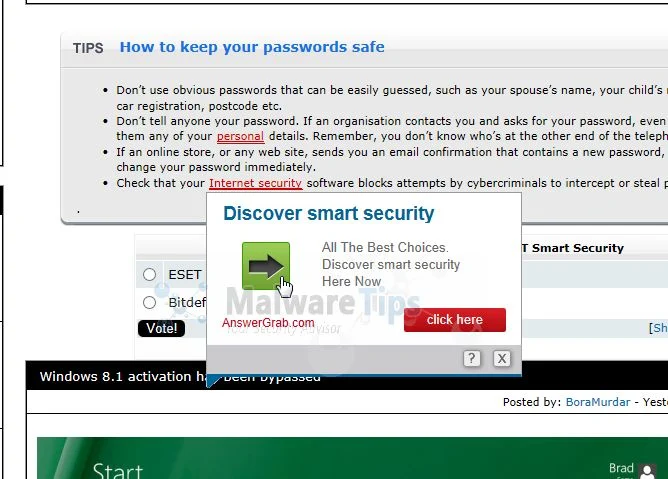 [Image: AnswerGrab.com pop-up virus]