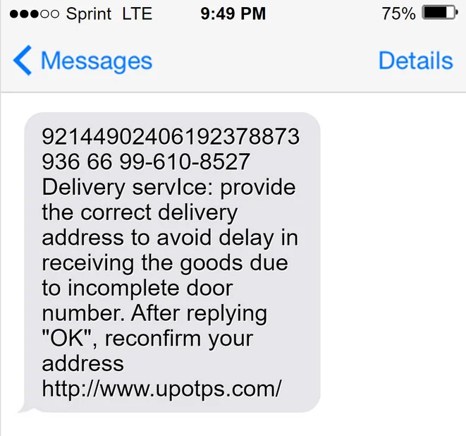 Upotps.com USPS Delivery text message