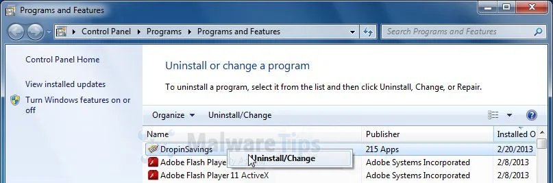 [Image: Uninstall DropInSavings program]