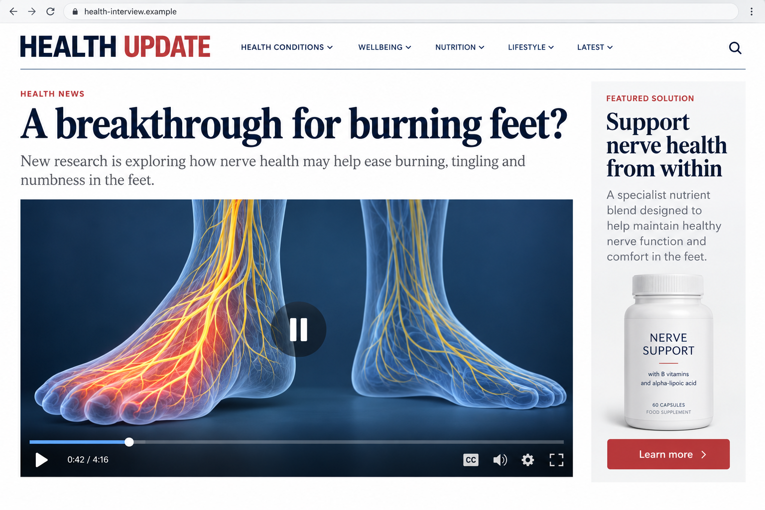 Laura Ingraham Neuropathy Scam Exposed: Fake News Videos and Capsule Ads 1 Fictional news-style health advertorial illustrating a nerve-pain video beside a supplement offer, not an authentic Laura Ingraham or Fox News interview