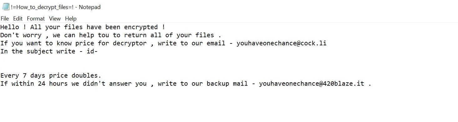 How To Remove Youhaveonechance@cock.li Lightning Ransomware 1 Youhaveonechance@cock.li Lightning Ransomware Virus