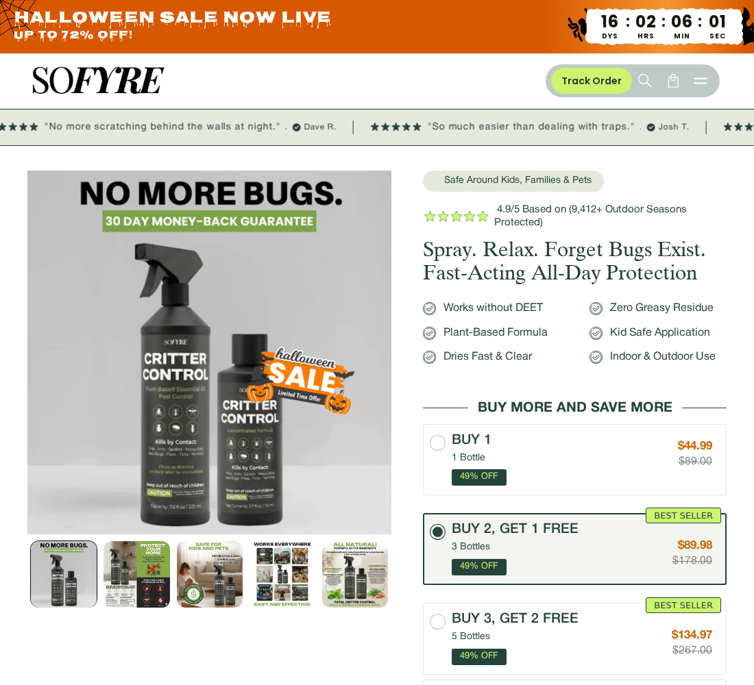 SoFyre Critter Control EXPOSED: Safety Claims, Refills and Refund Problems 1 SoFyre Critter Control Spray product page showing the bottle, sales claims and purchase options