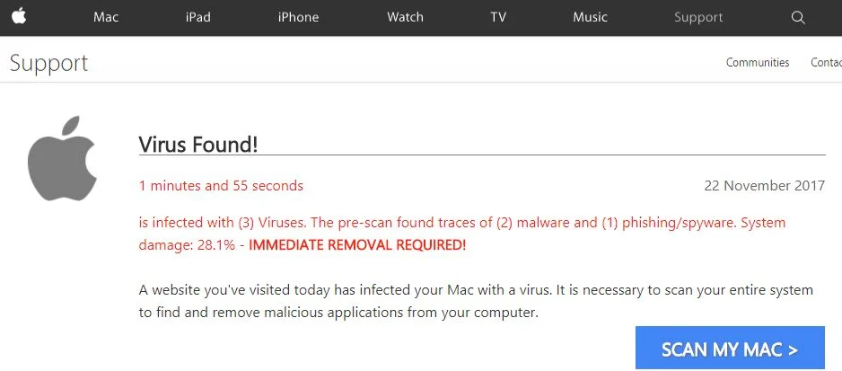 WARNING! The last website you visited has infected your computer with a virus pop-up scam