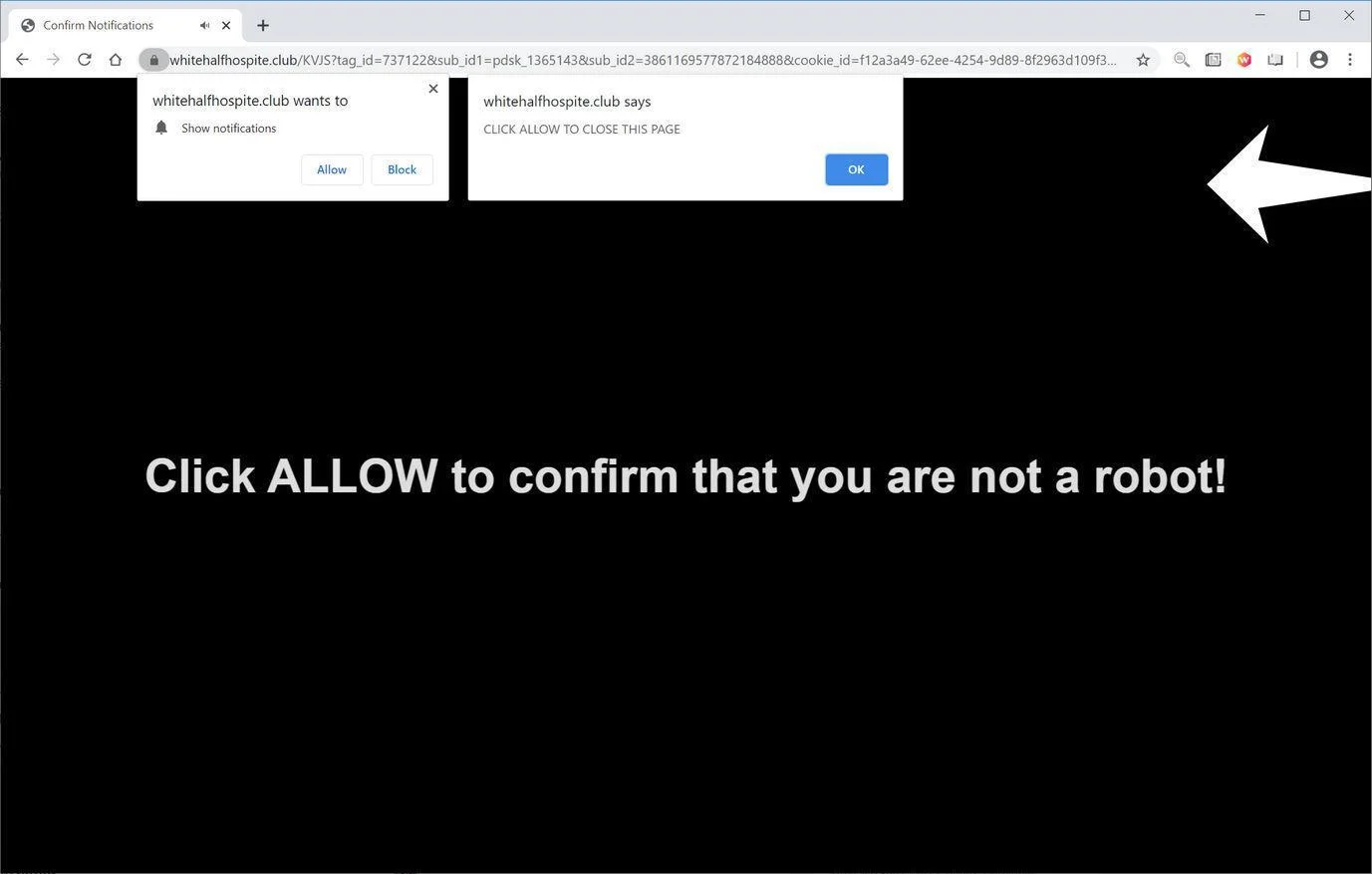 Remove Whitehalfhospite.club pop-up ads (Virus Removal Guide) 1 Image: Chrome browser is redirected to Whitehalfhospite.club
