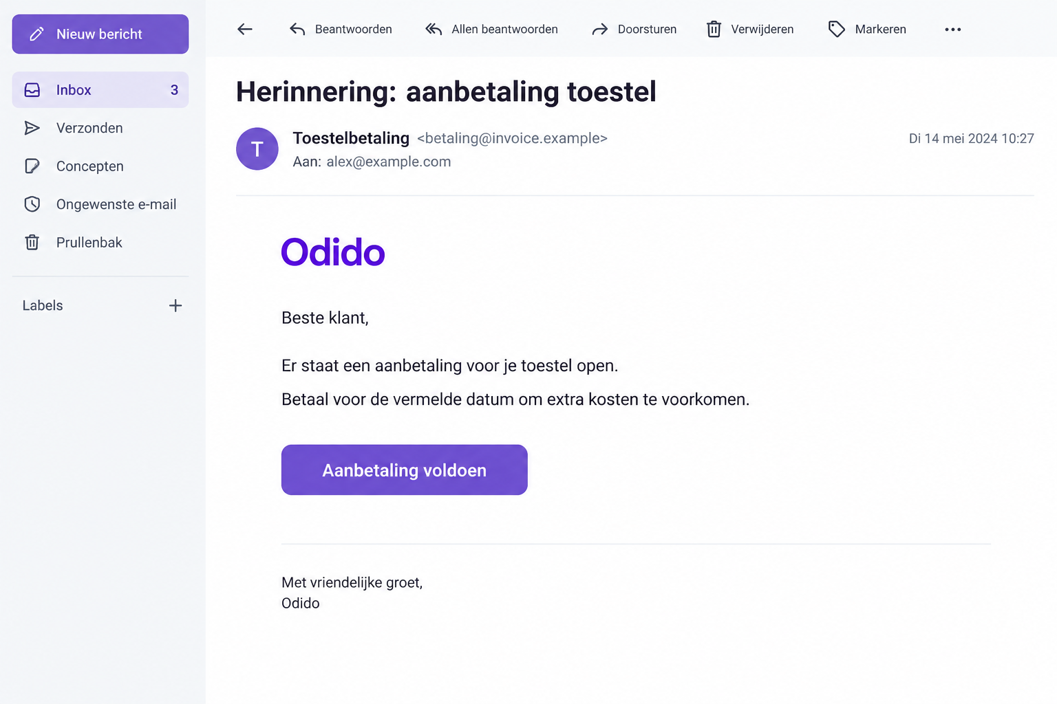 Illustrative Odido impersonation email asking for an outstanding phone down payment