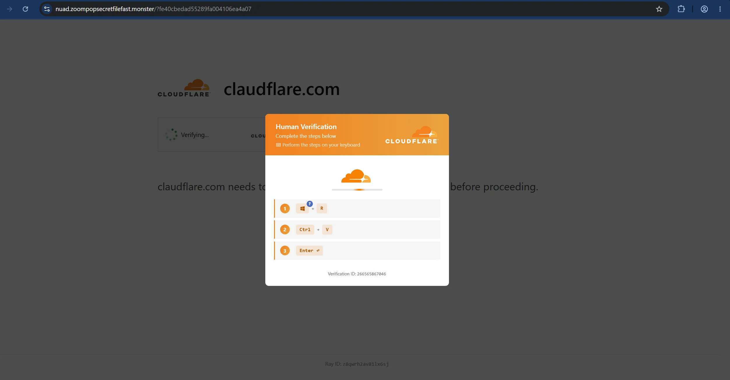 Fake verification pop-up telling a visitor to press Windows key R, Ctrl V and Enter