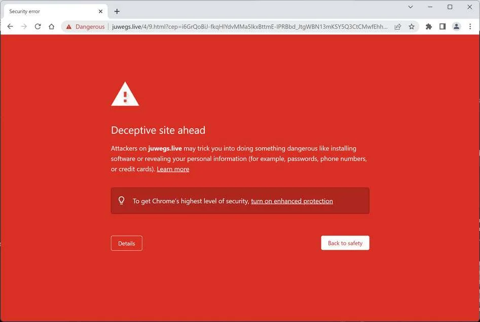 Image: Chrome browser is redirected to Juwegs.live