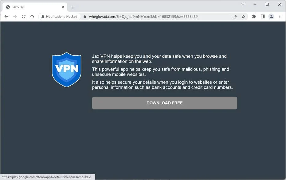 Image: Chrome browser is redirected to Whegluvad.com