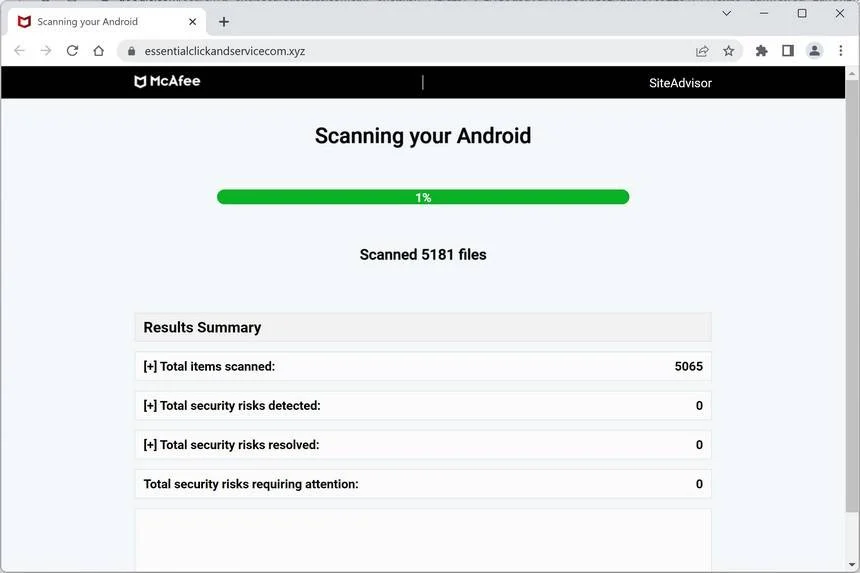 Image: Essentialclickandservicecom.xyz Fake McAfee Virus Alert