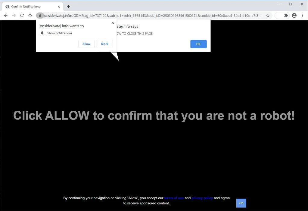 Remove Onsiderivatej.info pop-up ads (Virus Removal Guide) 1 Image: Chrome browser is redirected to Onsiderivatej.info