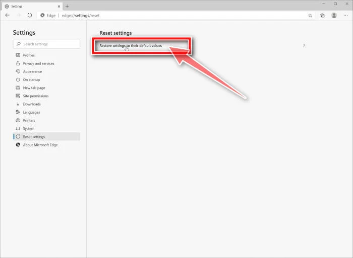 Click on Restore settings to their default values option