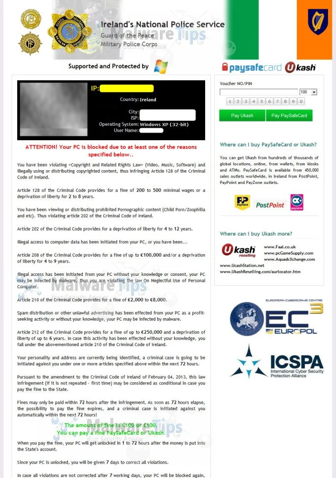 Ireland's National Police Service virus Ireland's National Police Service Ukash virus