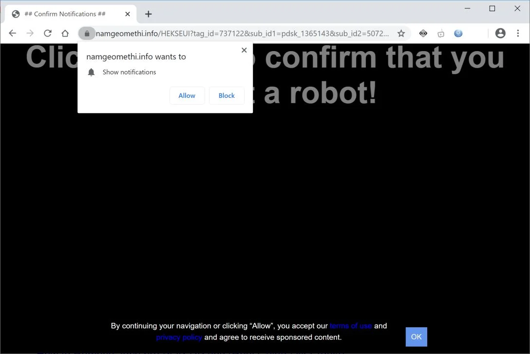How to remove Namgeomethi.info pop-up ads (Virus Removal Guide) 1 Image: Chrome browser is redirected to Namgeomethi.info