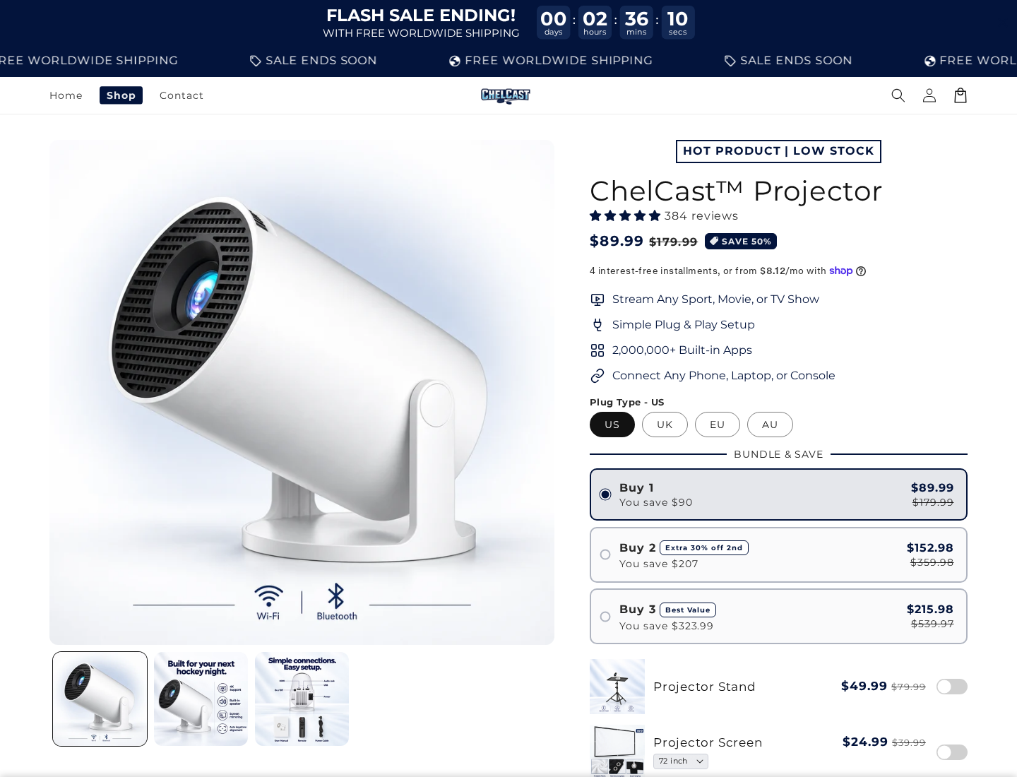 ChelCast projector product offer showing its $89.99 price and advertised built-in apps