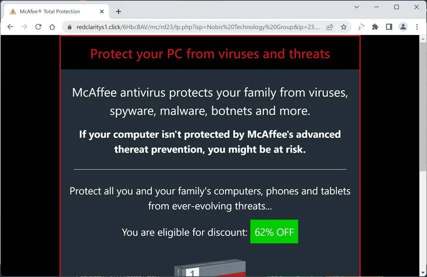 Screenshot of Redclaritys1.click Fake Antivirus Scan