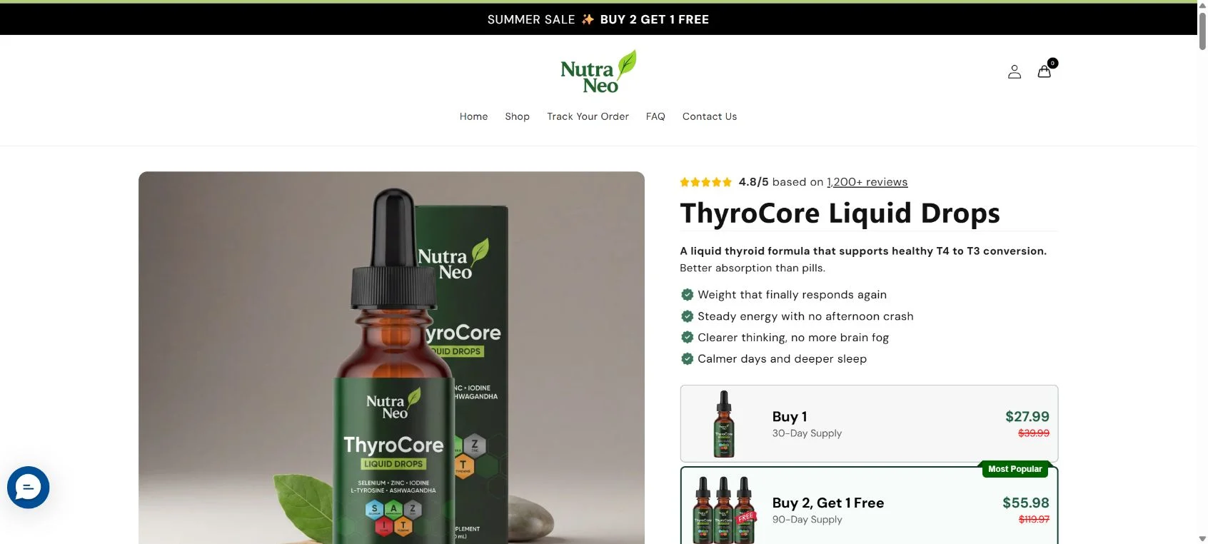 Nutra Neo Drops Scam or Legit? Thyroid Claims and Subscription Trap Explained 1 Nutra Neo ThyroCore Liquid Drops product page showing health claims and purchase options