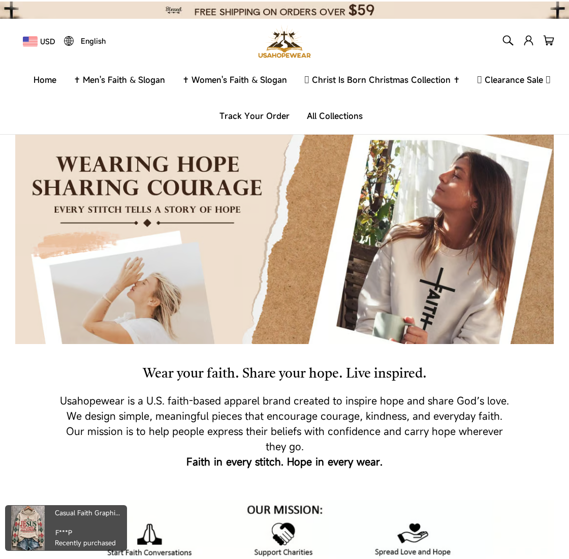 USAHopeWear faith-themed clothing storefront and clearance collection navigation