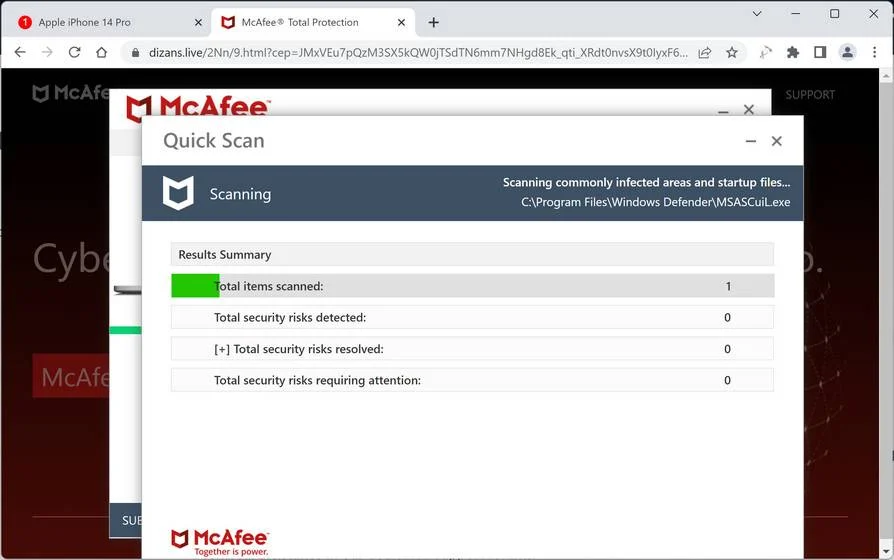 Screenshot of Dizans.live Fake Antivirus Scan