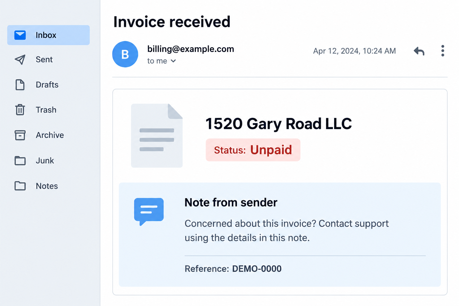1520 Gary Road LLC PayPal Scam: The Prefund Note and the Fake Support Trap 1 Illustrative unpaid invoice notification naming 1520 Gary Road LLC, with a sender note and fictional reference