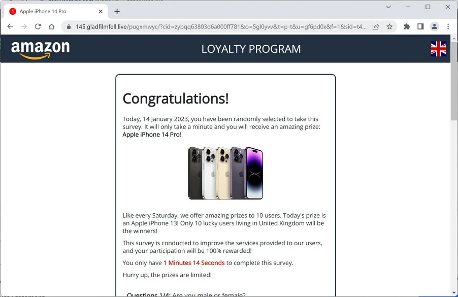 Image: Gladfilmfell.live Fake Amazon Survey