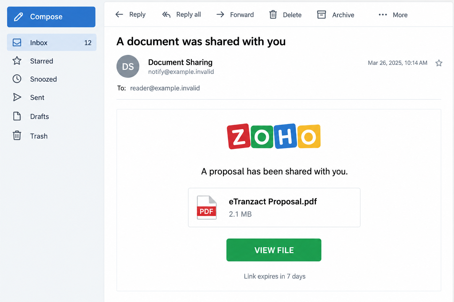Illustrative Zoho file-sharing email advertising eTranzact Proposal.pdf through a View File button