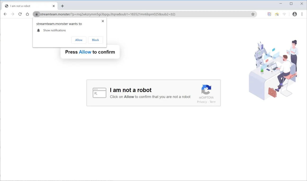 Image: Chrome browser is redirected to Streamteam.monster
