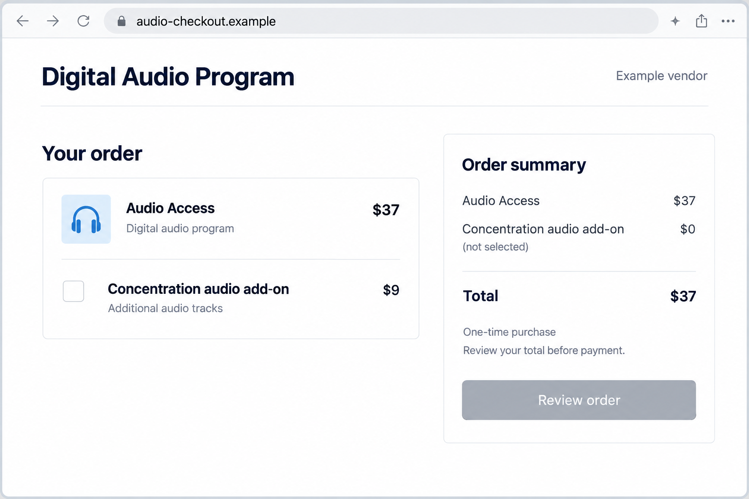 Fictional example of an audio program checkout with a one-time price and optional add-on