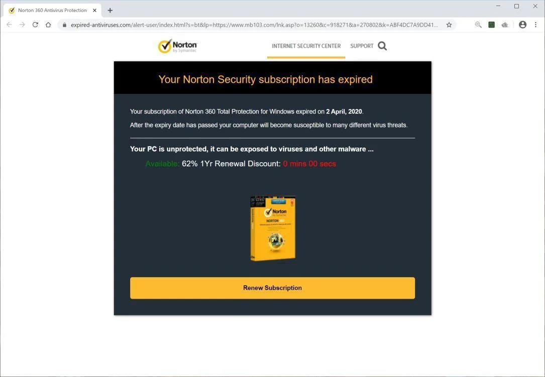 Image: Chrome browser is redirected to Expired-antiviruses.com