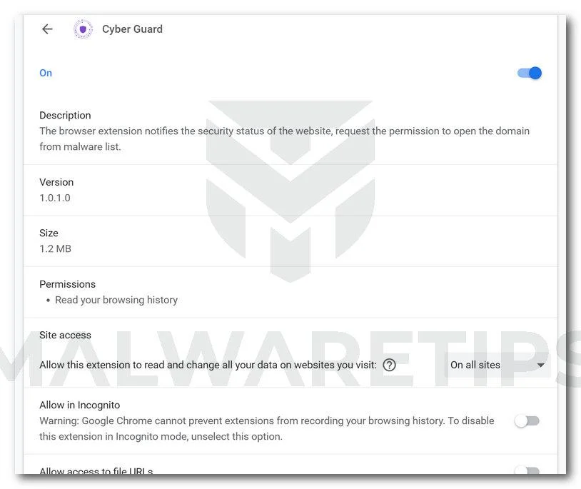 Remove Cyber Guard browser extension (Removal Guide) 1 Image: Cyber Guard Chrome extension
