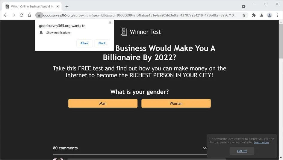 Remove Goodsurvey365.org pop-up ads (Virus Removal Guide) 1 Image: Chrome browser is redirected to Goodsurvey365.org