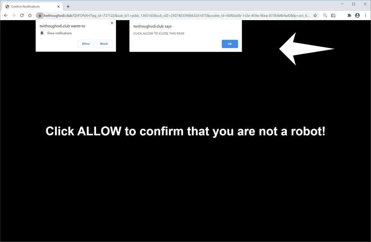 Image: Chrome browser is redirected to Twithoughodi.club