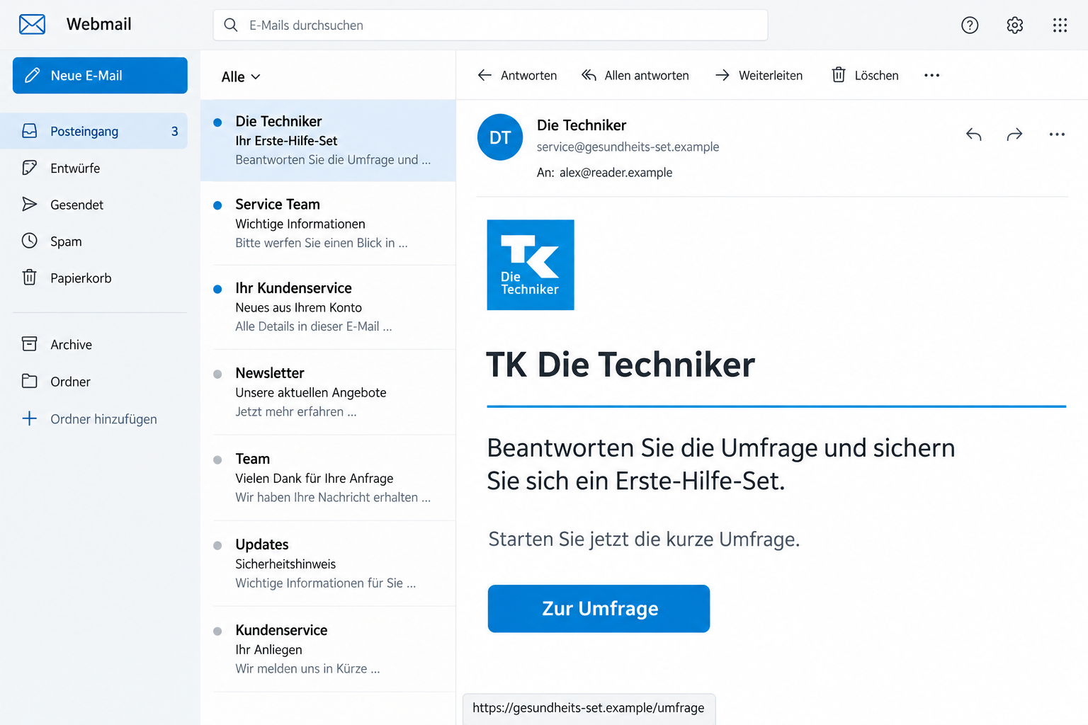 Illustrative false Techniker Krankenkasse first-aid kit survey email with fictional addresses
