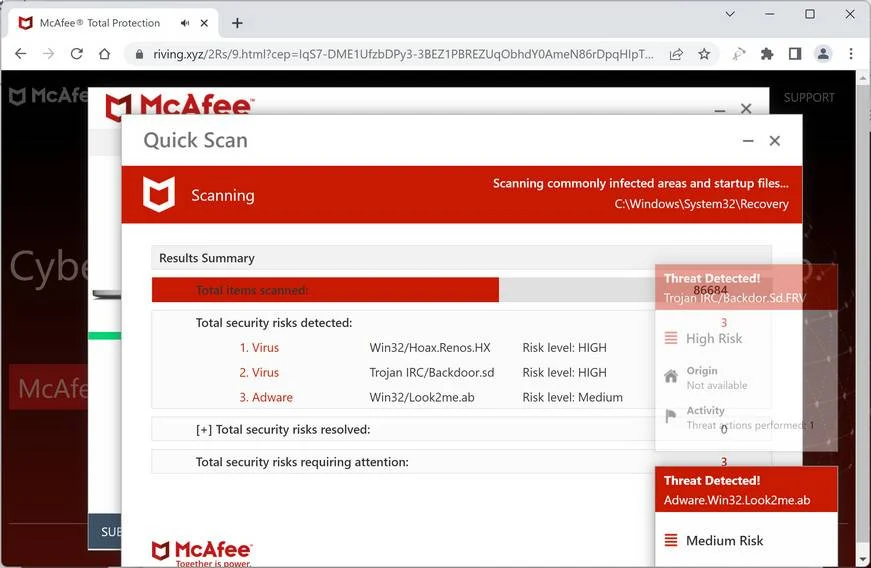Screenshot of Riving.xyz Fake Antivirus Scan