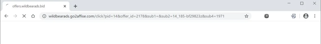 Image: Chrome browser is redirected to Wildbearads.go2affise.com