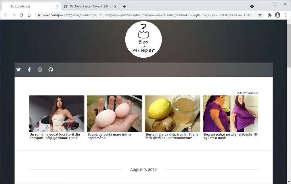 Image: Chrome browser is redirected to Boxofwhisper.com