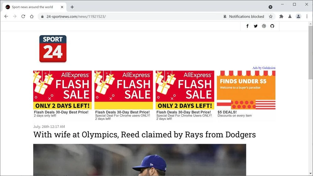 Image: Chrome browser is redirected to 24-sportnews.com