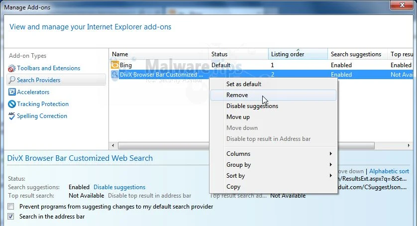 [Image: DivX Customized Web Search Internet Explorer removal]