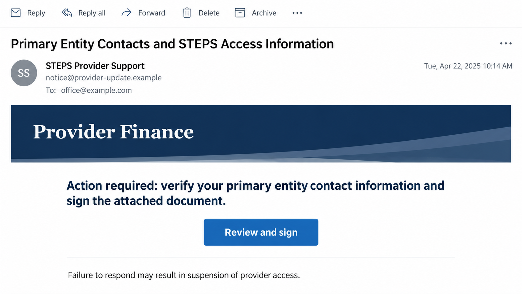 Illustrative false STEPS provider email requesting contact verification and a document signature