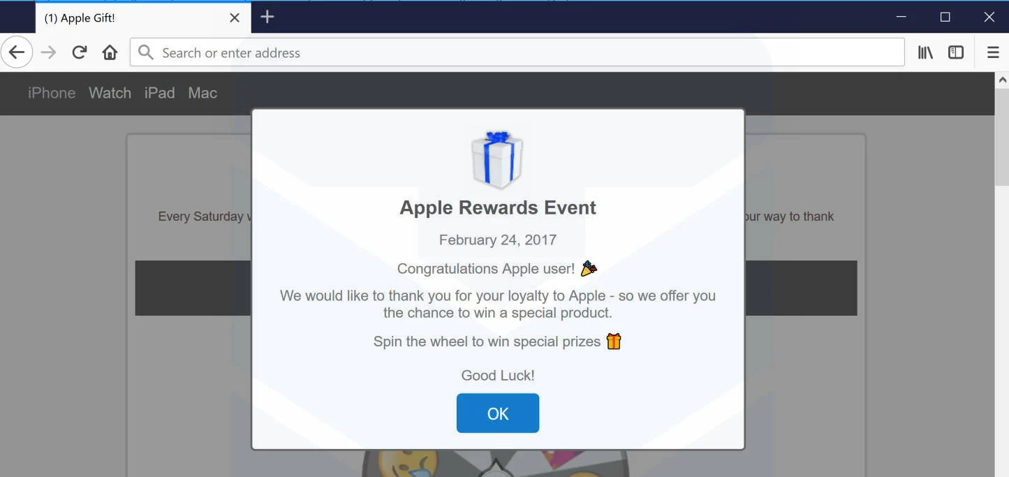 Apple Rewards Event pop-up ads adware