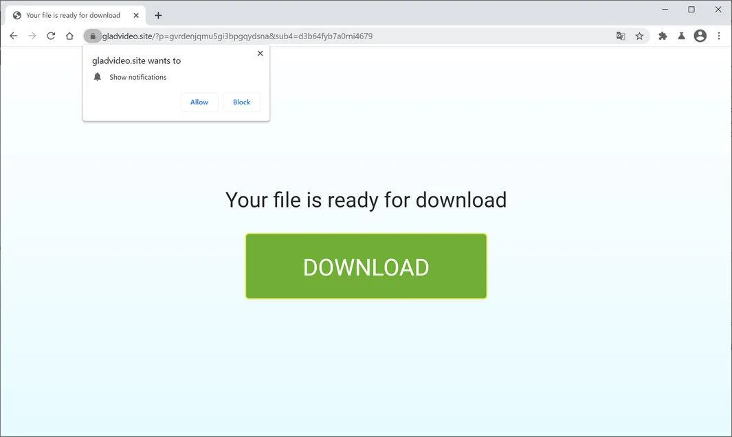 Image: Chrome browser is redirected to Gladvideo.site