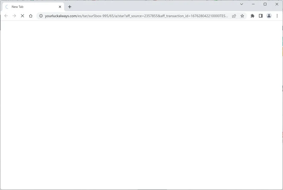 Image: Chrome browser is redirected to the Yourluckalways.com site
