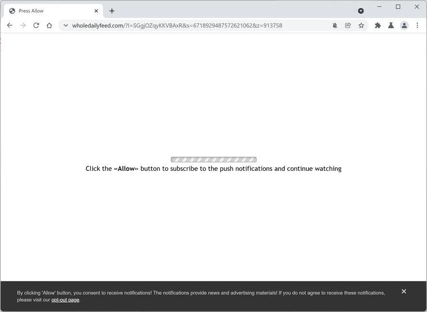Image: Chrome browser is redirected to Wholedailyfeed.com