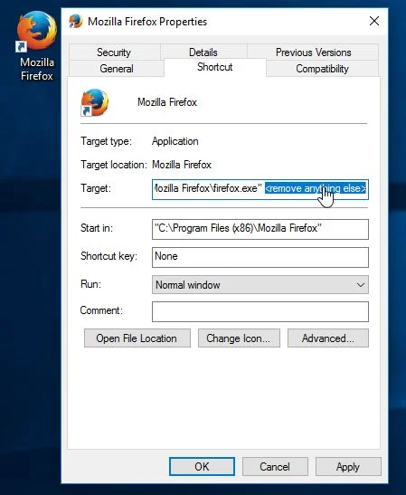 Remove browser hijacker from Mozilla Firefox shortcut Mozilla Firefox hijacked shortcut