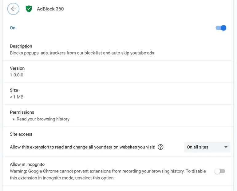 Image: AdBlock 360 Chrome extension