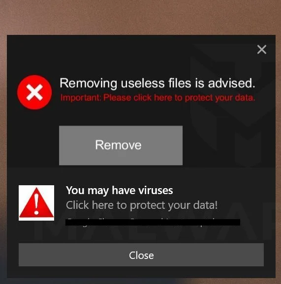 Remove "Removing useless files is advised" Pop-up Scam (Guide) 1 Removing useless files is advised - Fake Error Messages